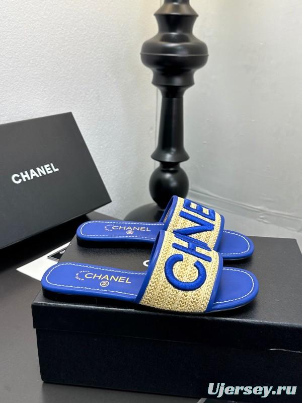 2025 Women CHANEL Blue Beige Canvas Slippers