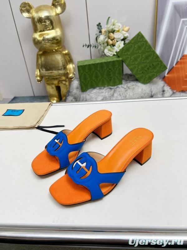 2025 Gucci Orange Blue Leather Slippers