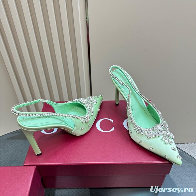 2025 Women Gucci Light Green Satin High Heel Slingback Rhinestone MJ00340
