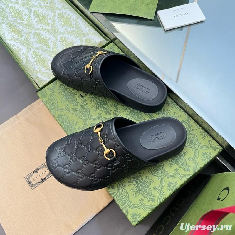 2024 Slippers Gucci Black Leather GG Pattern Horsebit MJ00280