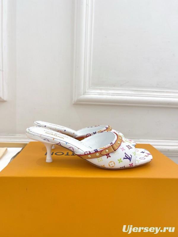 2025 Women Louis Vuitton White Rainbow Leather Slippers MJ00290