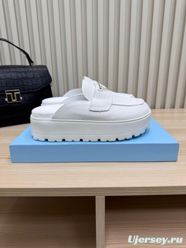 2025 Women Prada White Canvas Platform Loafers