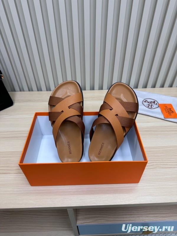 2025 Men Hermès Brown Leather Slippers