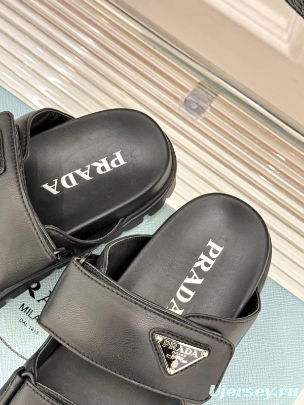2025 Women Prada Black Leather Slippers KFY00240