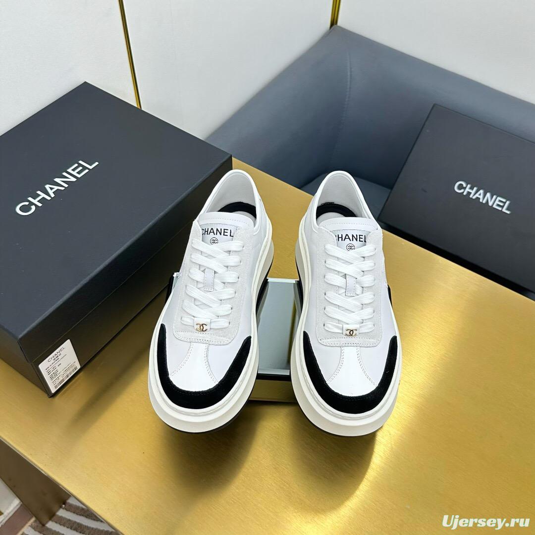 2025 Women Chanel White Black Leather Sneakers Platform Sole