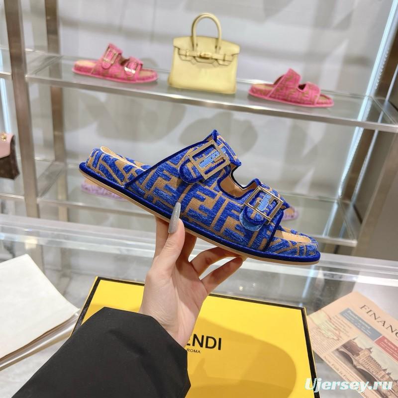 2025 Slippers Fendi Blue Brown Jacquard Buckle KFY00250