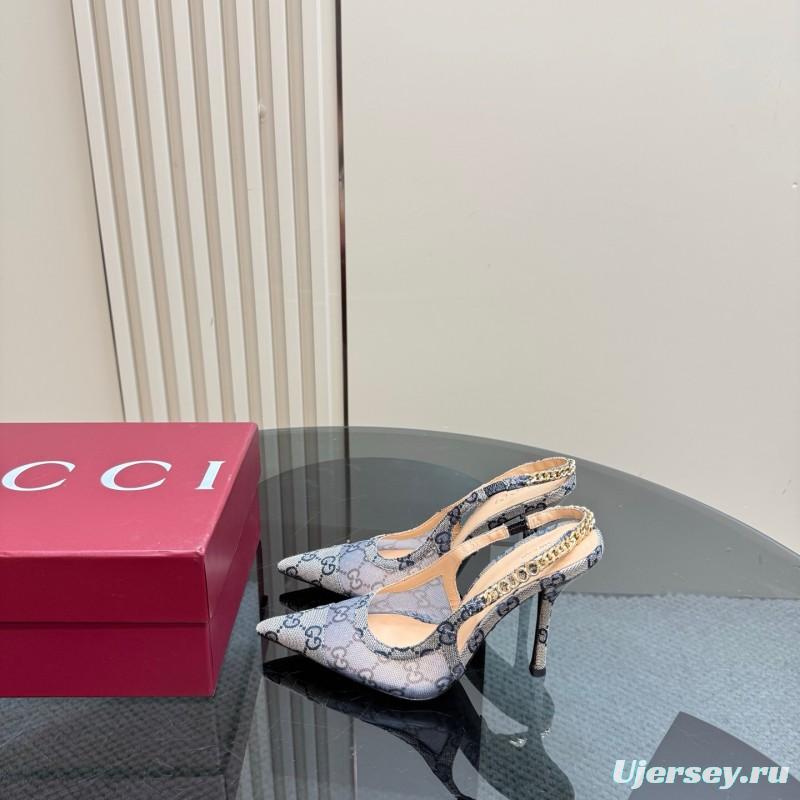 2025 Women Gucci White Mesh Slingback Heels With Crystal Chain Detailing KFY00300(F)