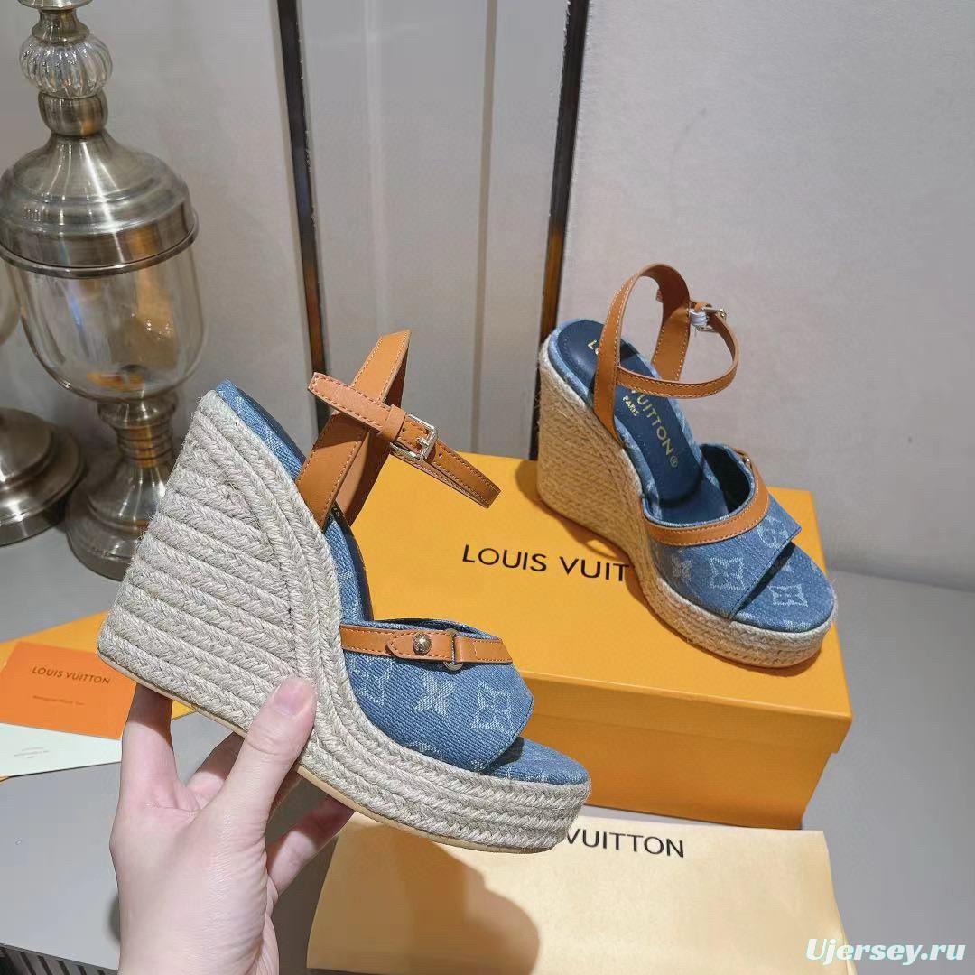 2025 Women Louis Vuitton Blue Denim Leather Espadrilles Sandals MJ00280