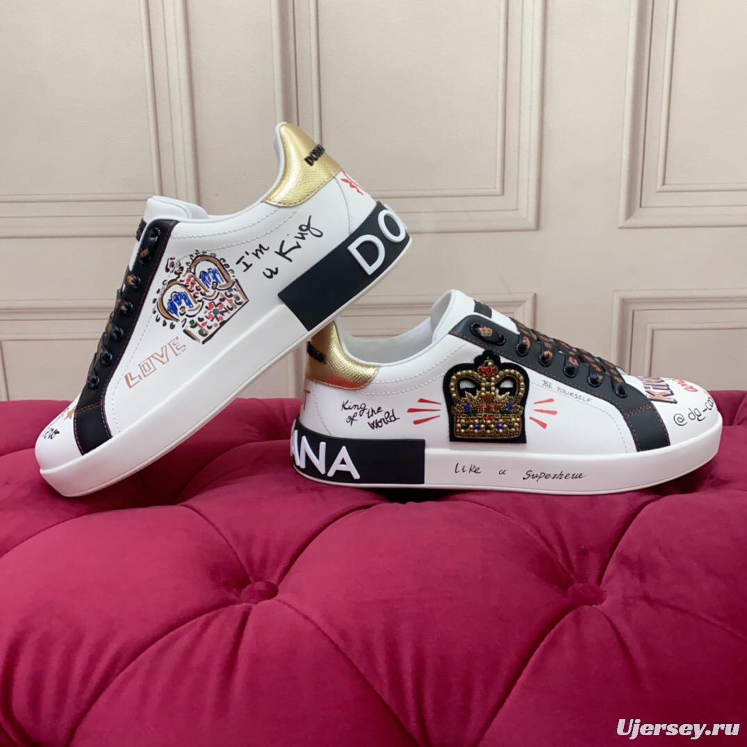 2025 Unisex Dolce & Gabbana White Black Gold Leather Sneakers Embroidered LY00340(F)/LY00360(M)