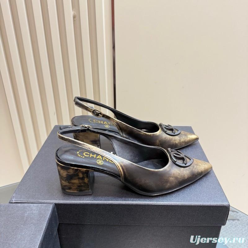 2025 Women Chanel Gold Black Leather Slingback Heel