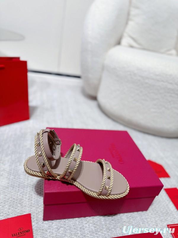 2025 Women Valentino Beige Leather Rope Espadrille Sandals LY00250