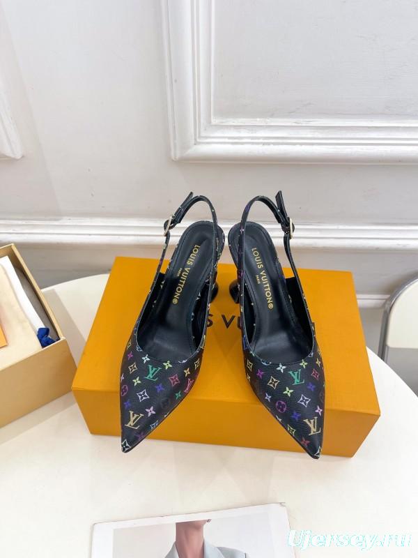 2025 Women Louis Vuitton Black Multicolor Leather Slingback Heels KFY00280