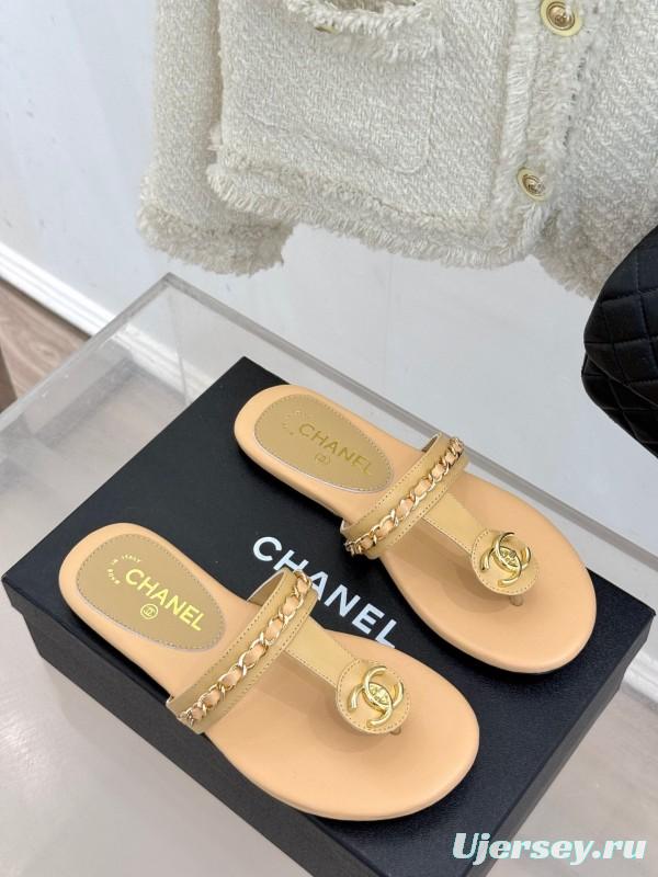 2025 Women Chanel Beige Lambskin Chain Toe Post Sandals KFY00250