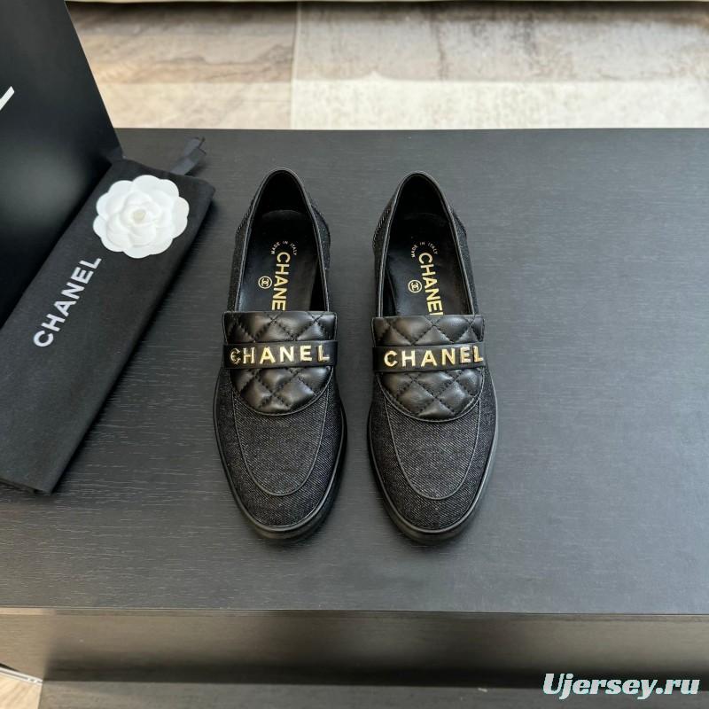 2025 Women Chanel Black Leather Canvas Loafers KFY00310