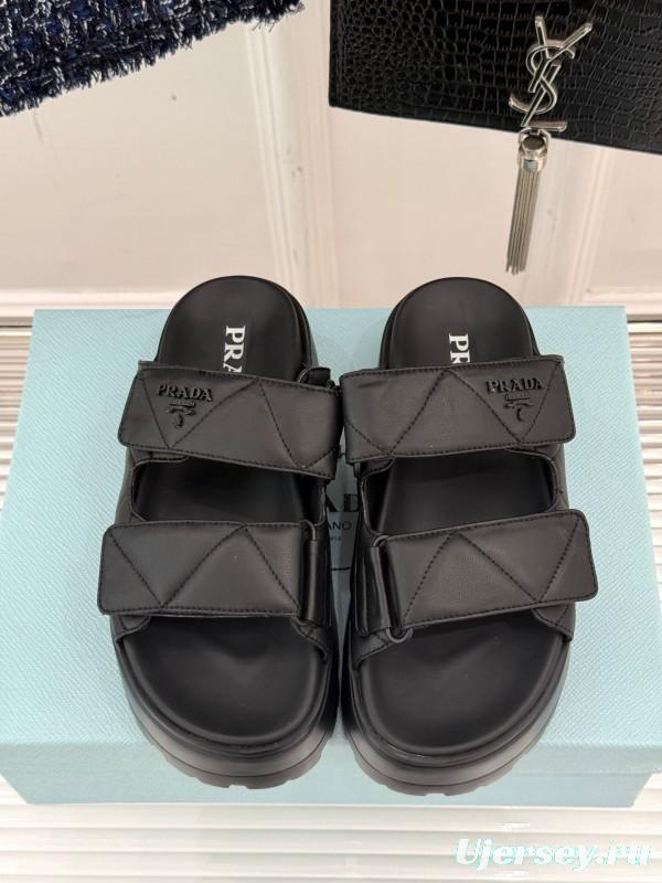 2025 Women Prada Black Leather Slippers