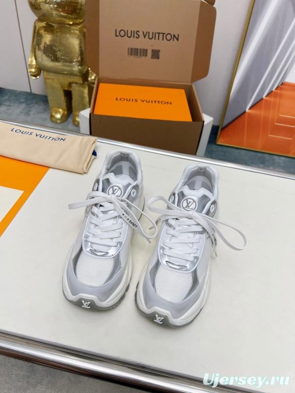 2025 Women Louis Vuitton White Grey Mesh Leather Sneakers LY00340