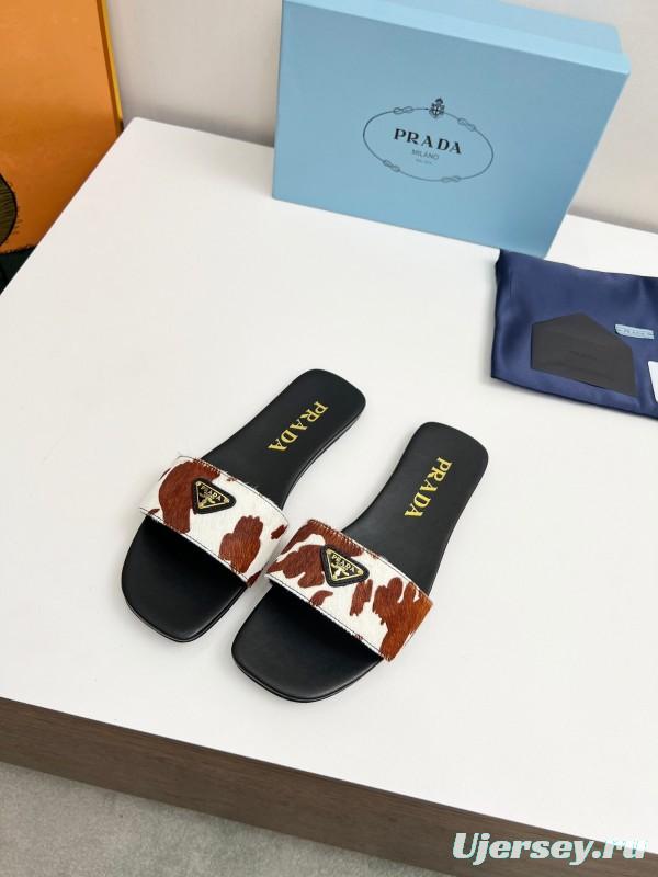 2025 Women Prada Brown White Calf Hair Leather Slippers LY00220
