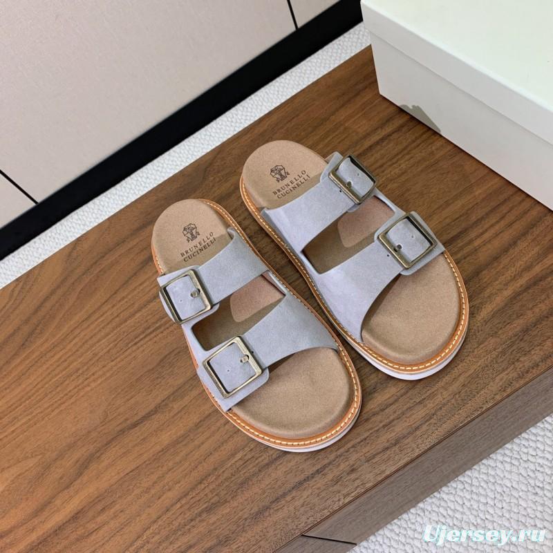 2025 Unisex Brunello Cucinelli Light Grey Suede Casual Sandals With Adjustable Buckles KFY00250