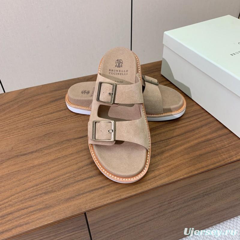 2025 Unisex Brunello Cucinelli Beige Suede Leather Slippers KFY00250