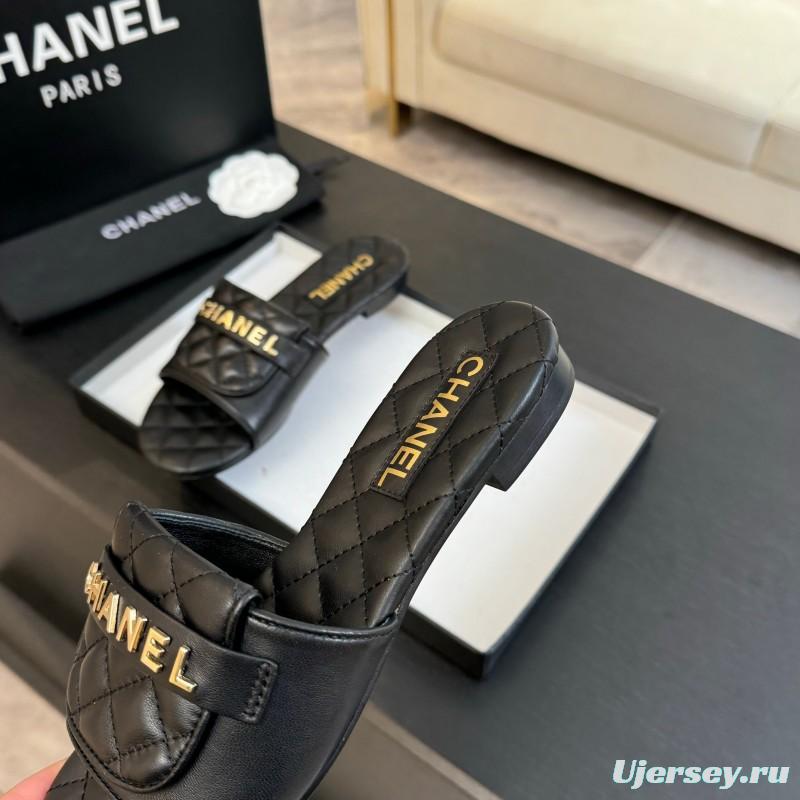 2025 Slippers Women Chanel Black Leather Slippers