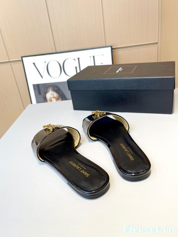 2025 Women Yves Saint Laurent Black Leather Slippers LY00180