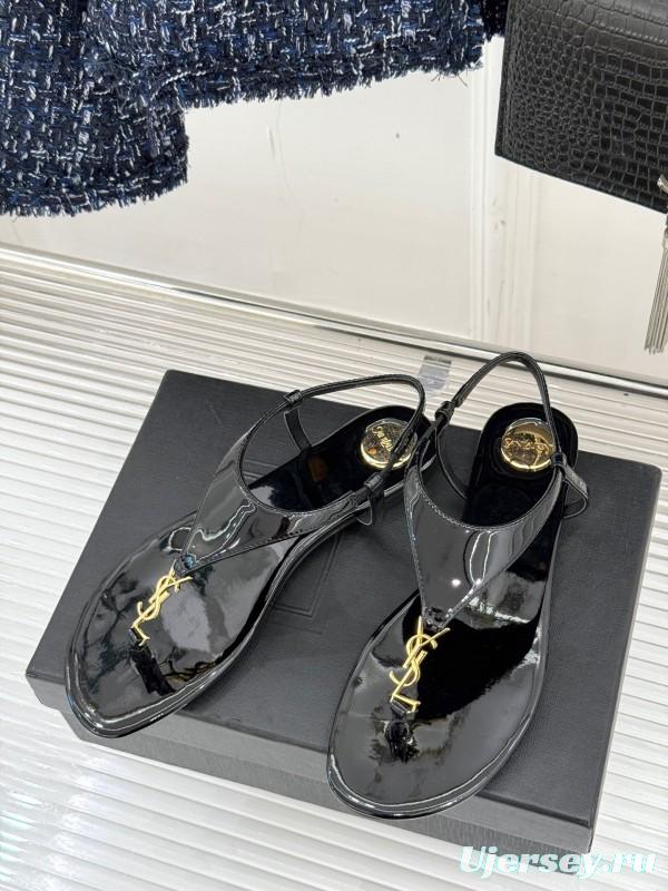 2025 Women Yves Saint Laurent Black Patent Leather Thong Sandals