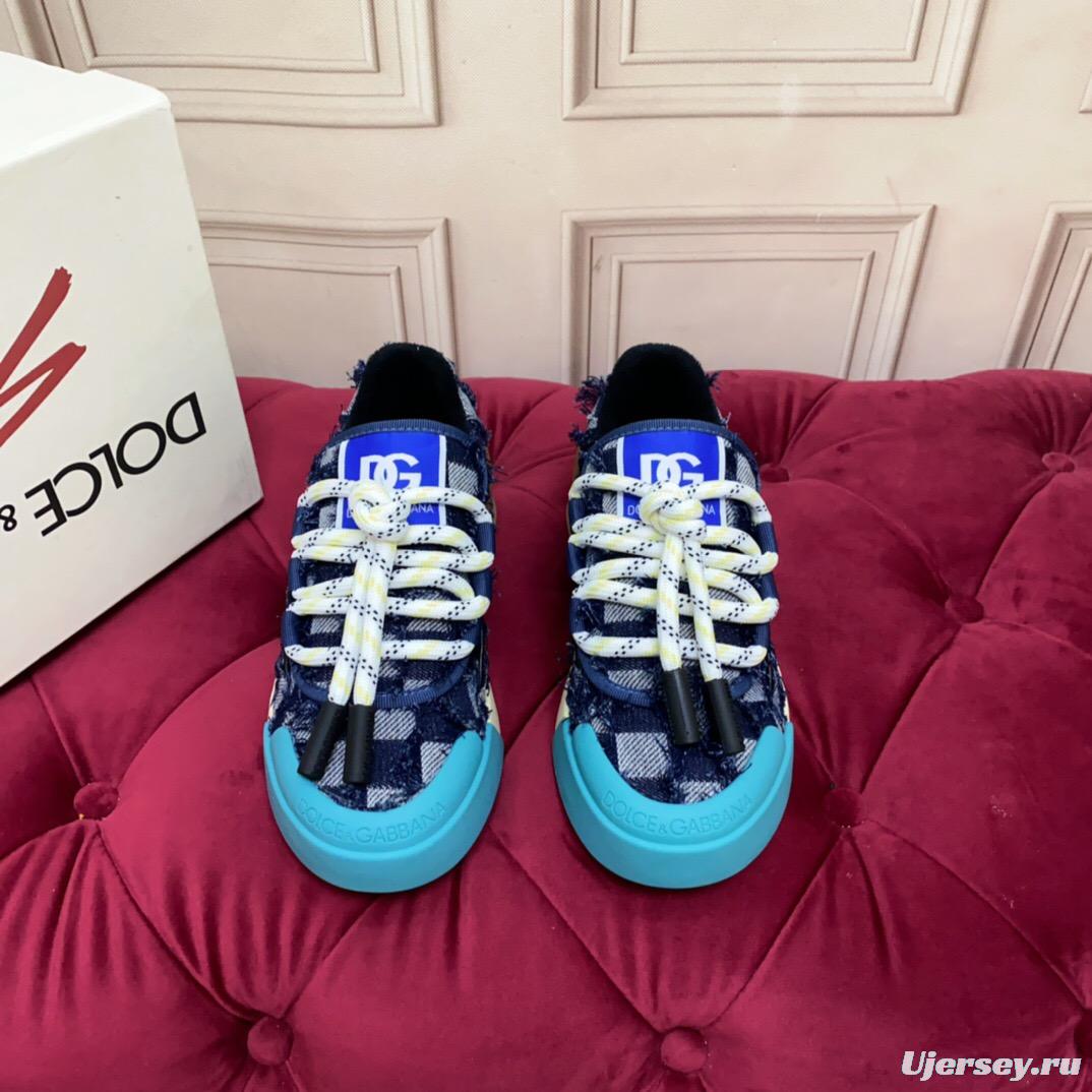 2025 Unisex Dolce & Gabbana Blue White Brown Denim Leather Sneakers