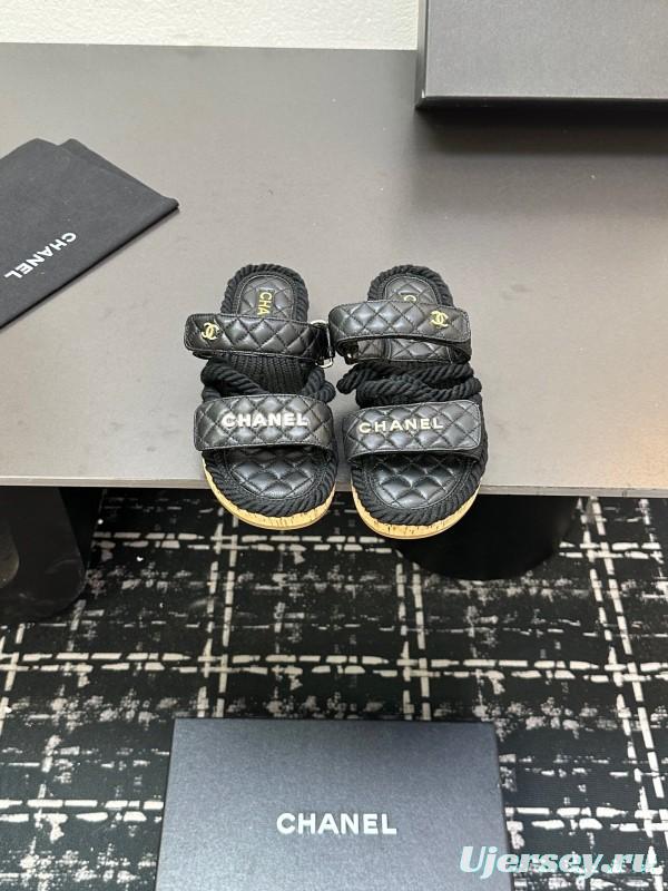 2025 Slippers Chanel Black Leather Cork Sole Sandal LY00250