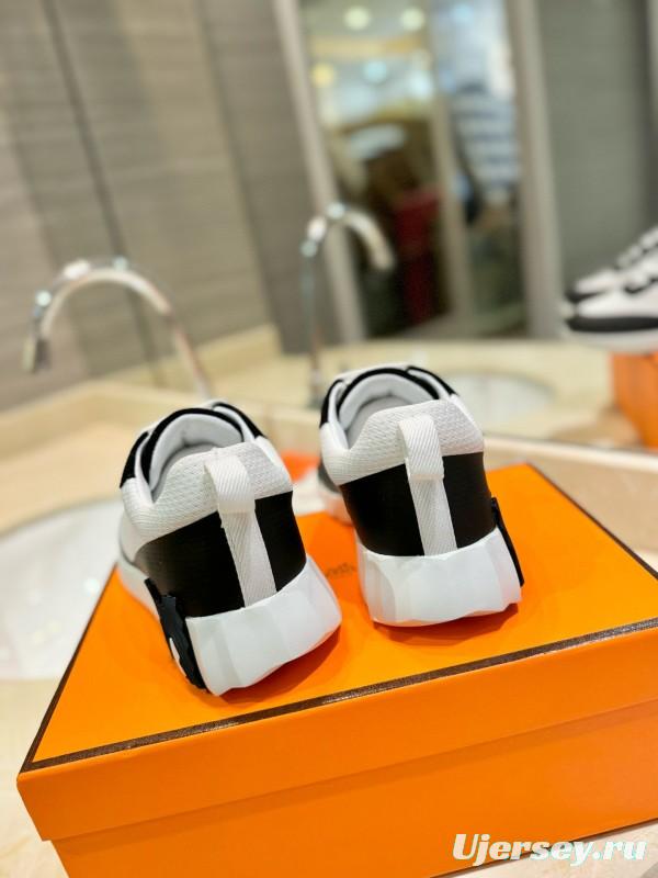 2024 Unisex Hermès Black White Silk Leather Mesh Sneakers MJ00320