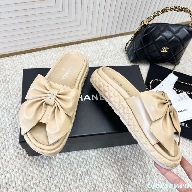 2025 Women Chanel Beige Leather Slippers Bow KFY00310