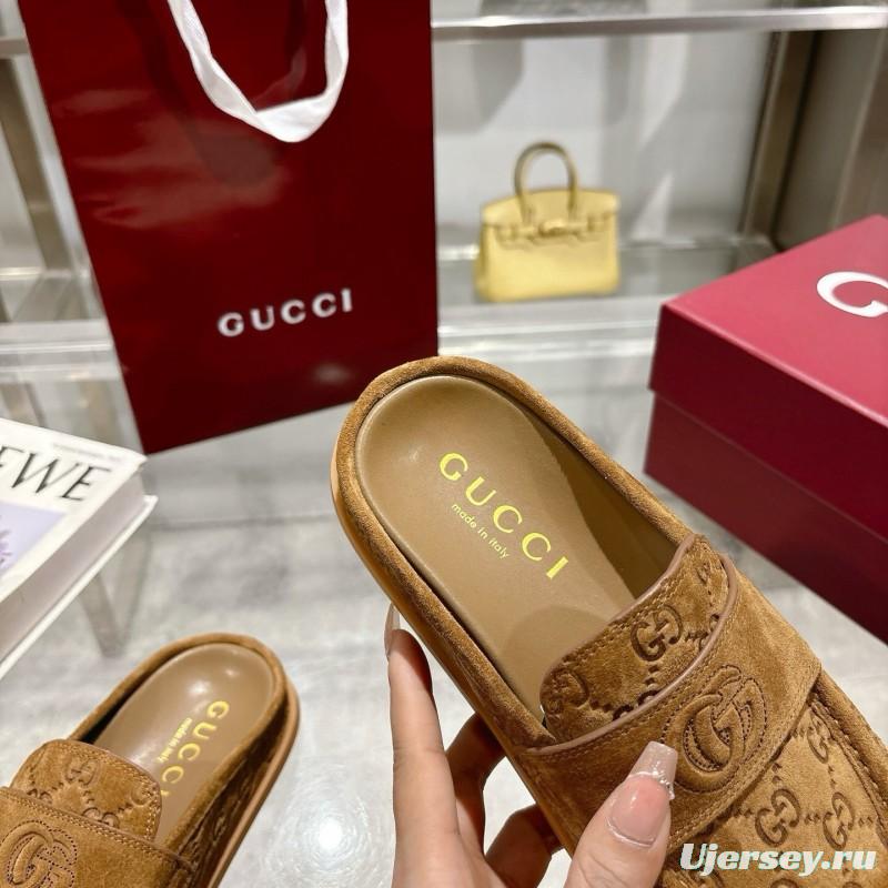 2025 Women Gucci Dark Brown Suede Loafers Embossed GG LY00270