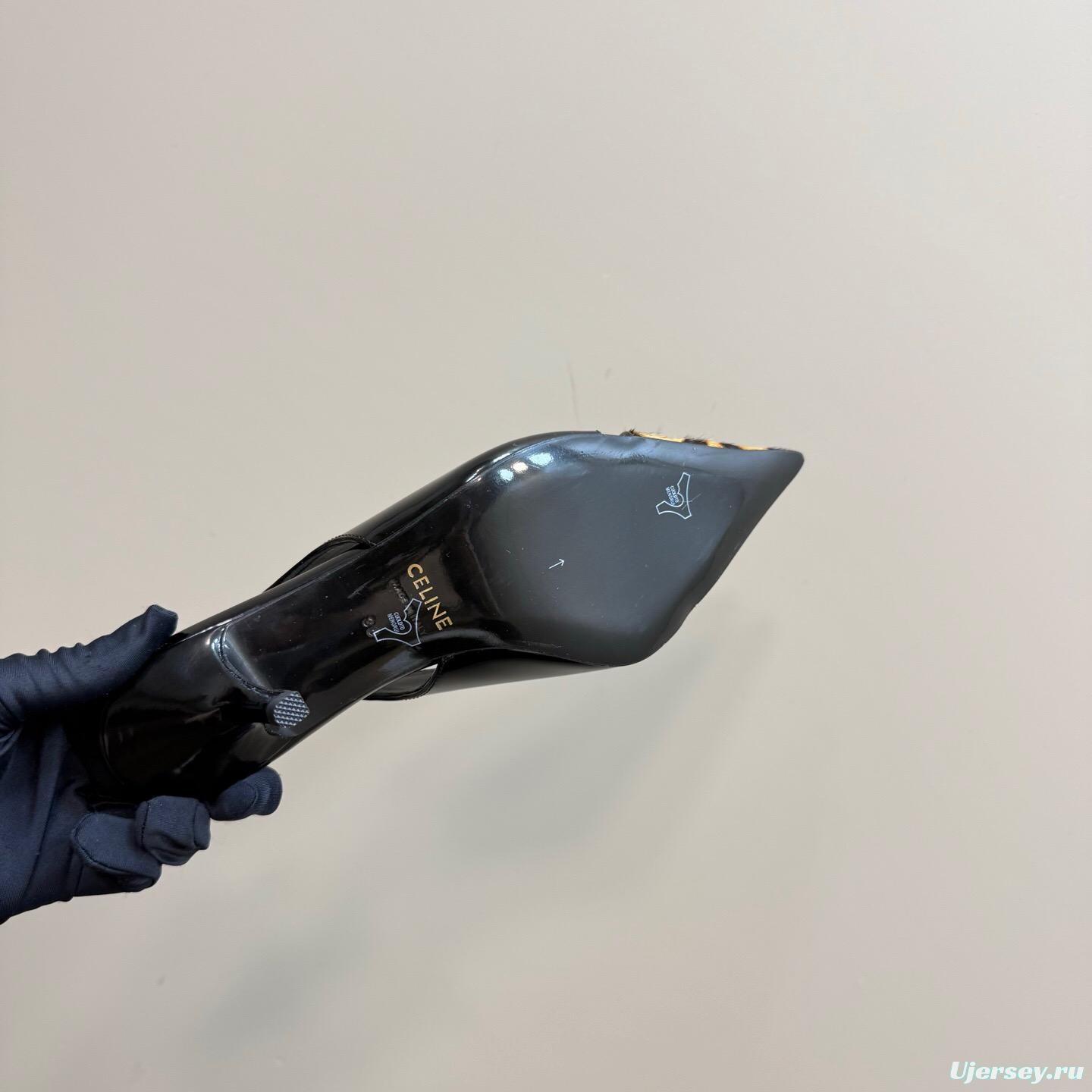 2025 Women CELINE Black Leopard Print Patent Leather Slingback Pumps