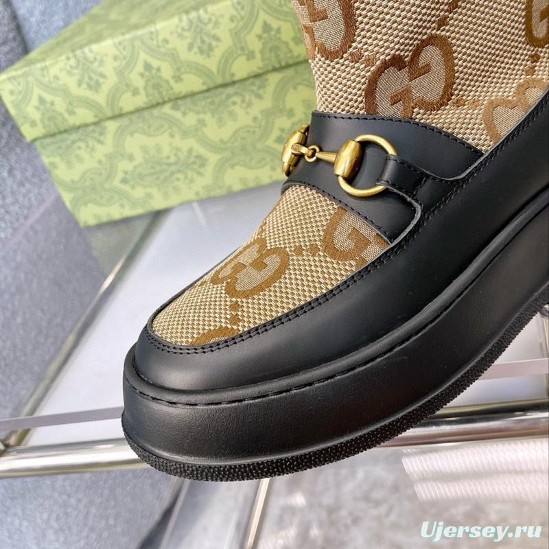 2024 Women Gucci Beige Brown Leather Shearling Snow Boots MJ00420