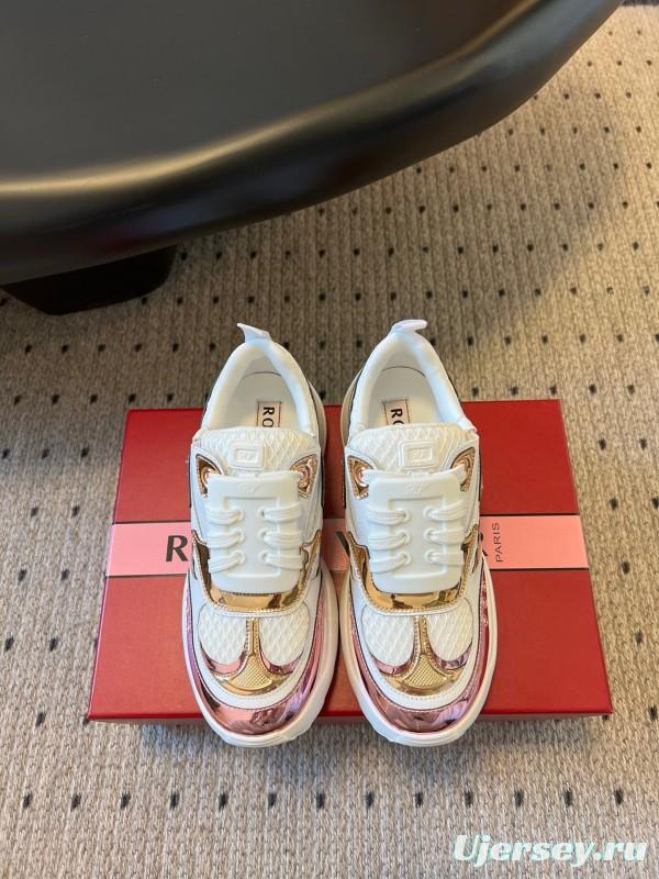 2025 Women Roger Vivier White Pink Leather Mesh Sneakers KFY00380