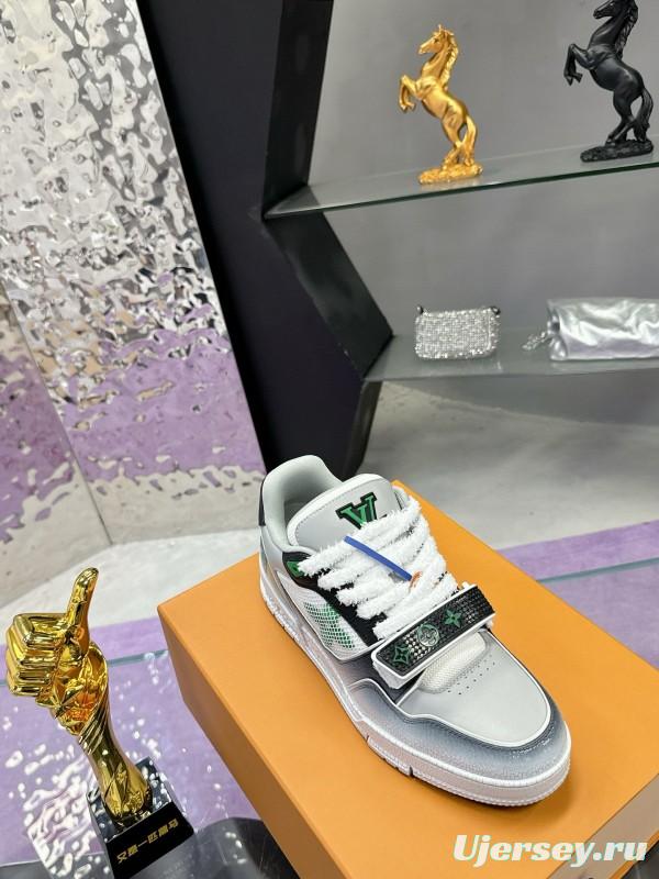 2024 Unisex Louis Vuitton Green White Leather Fabric Plimsolls Waxed Distressed Washed MJ00500