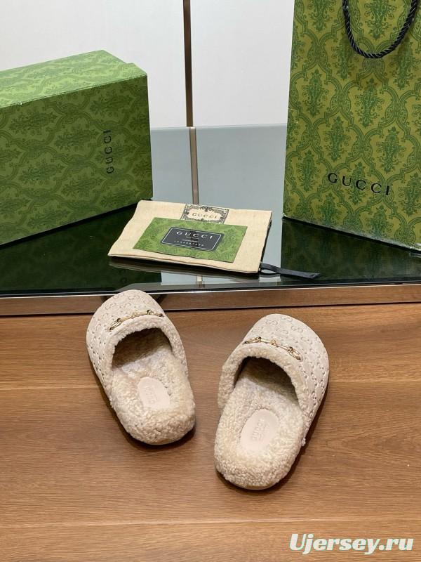 2024 Slippers Gucci Beige Shearling GG Embroidery