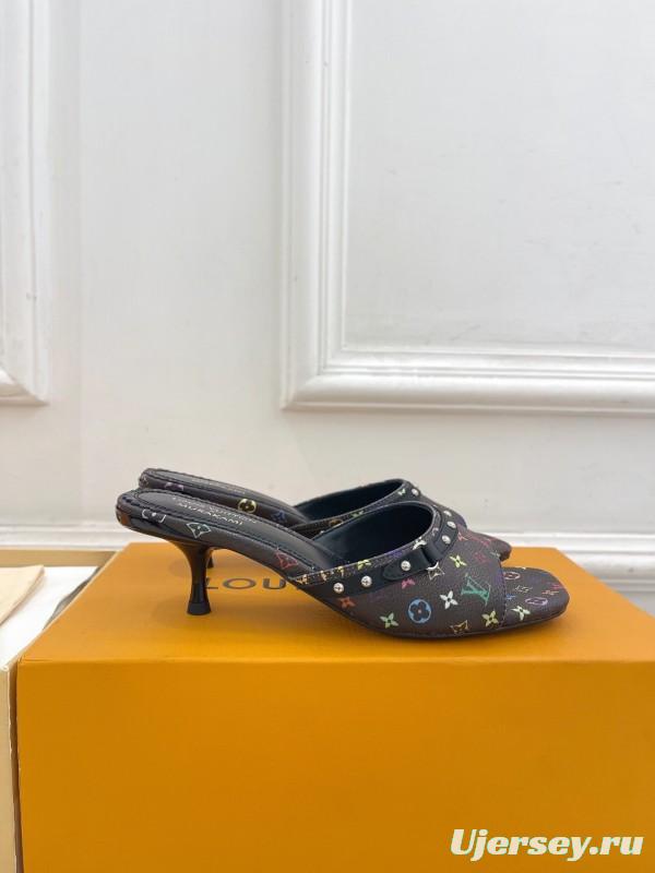 2025 Women Louis Vuitton Black Rainbow Leather Slippers KFY00290