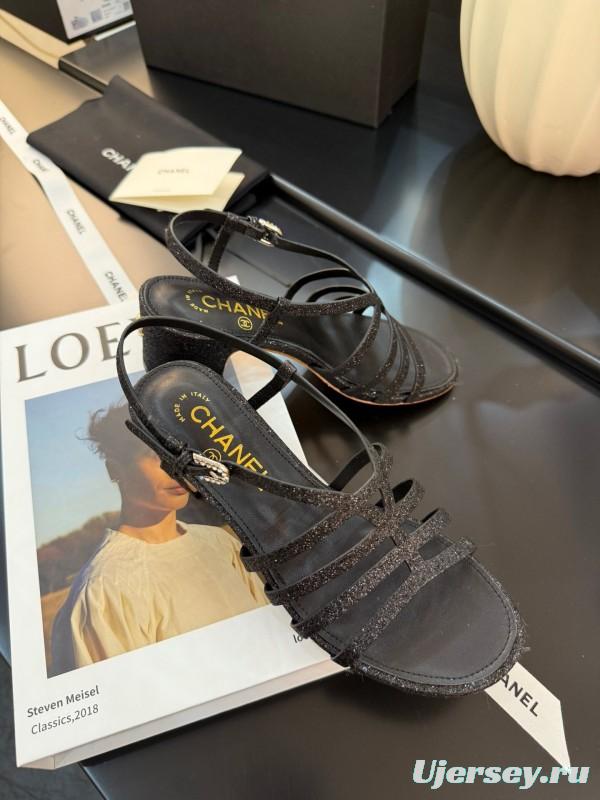 2025 Women Chanel Black Leather Sandals KFY00289