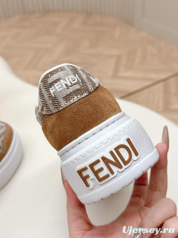 2025 Women Fendi Brown Beige Leather Mesh Sneakers LY00340