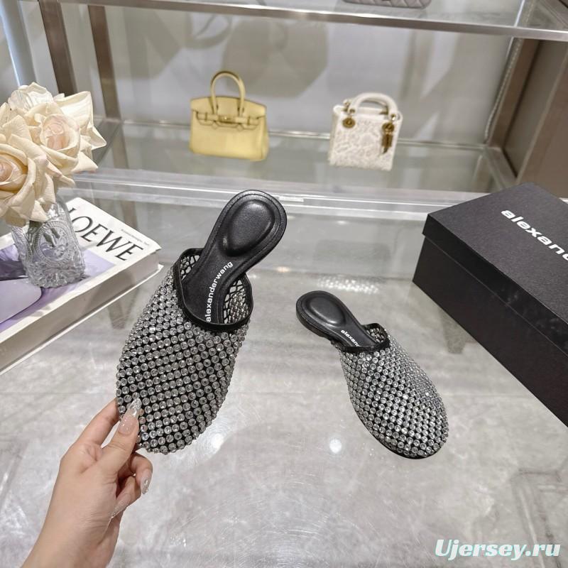 2025 Slippers Alexander Wang Black Crystal Mesh Leather Slippers LY00310