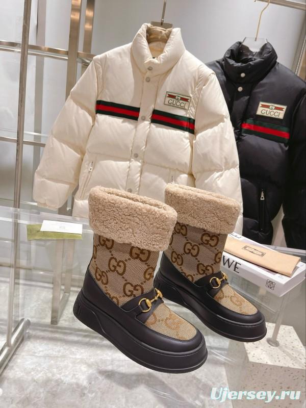 2024 Women Gucci Beige Brown Leather Shearling Snow Boots MJ00420