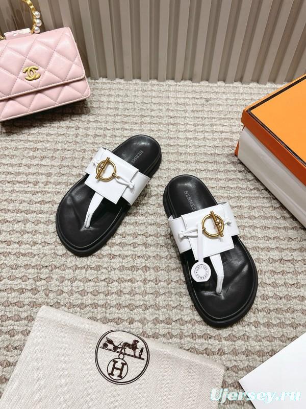 2025 Women Hermès White Leather Slippers LY00270
