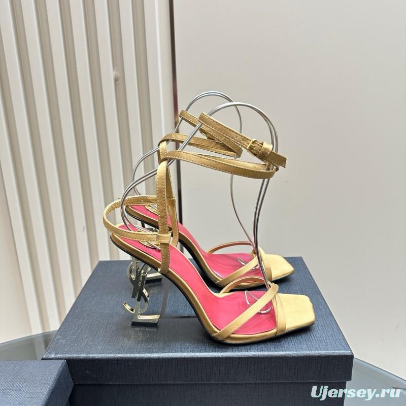 2025 Women Yves Saint Laurent Yellow Silk Strappy Heels