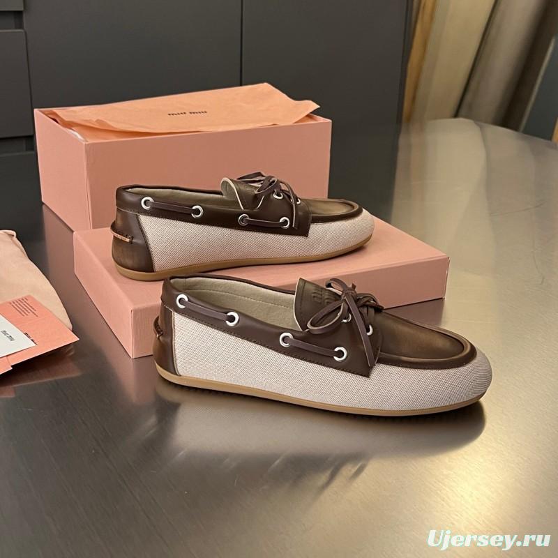 2025 Women Miu Miu Brown Beige Leather Canvas Loafers LY00230