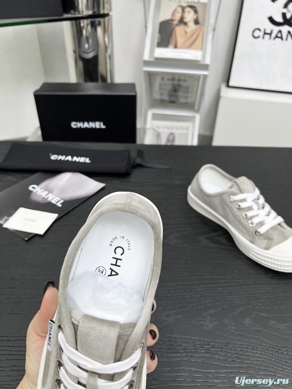2025 Women Chanel Grey Canvas Leather Casual Sneakers LY00230