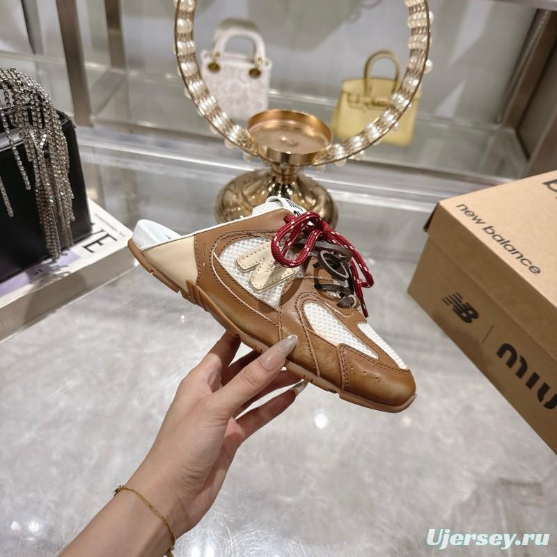 2025 Women Miumiu Brown White Leather Mesh Sneakers