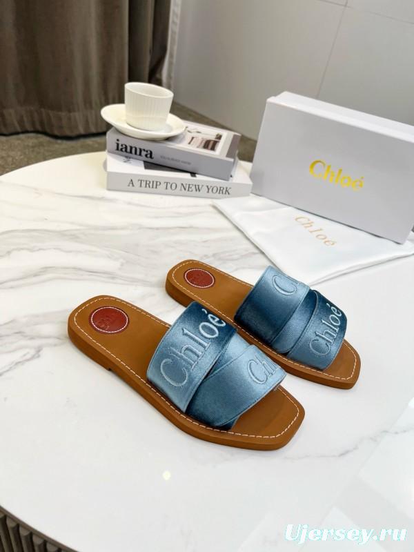 2025 Women Chloé Blue Denim Leather Slippers LY00200
