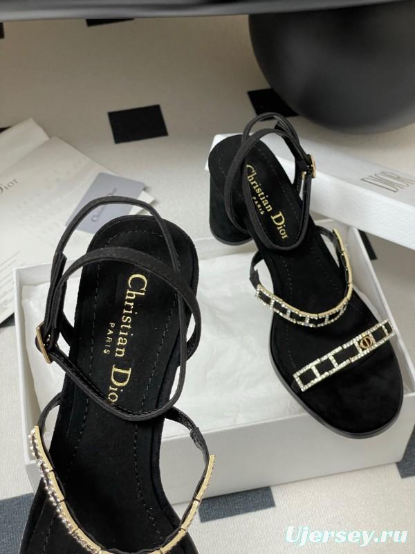 2025 Women Dior Black Suede Crystal Embellished Strap Sandals
