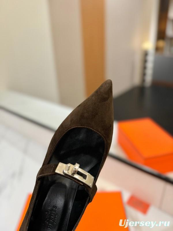 2025 Women Hermès Black Suede Mary Jane Shoes KFY00330