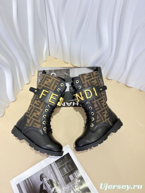 2024 Kids Fendi Black Brown Leather Fabric Boots